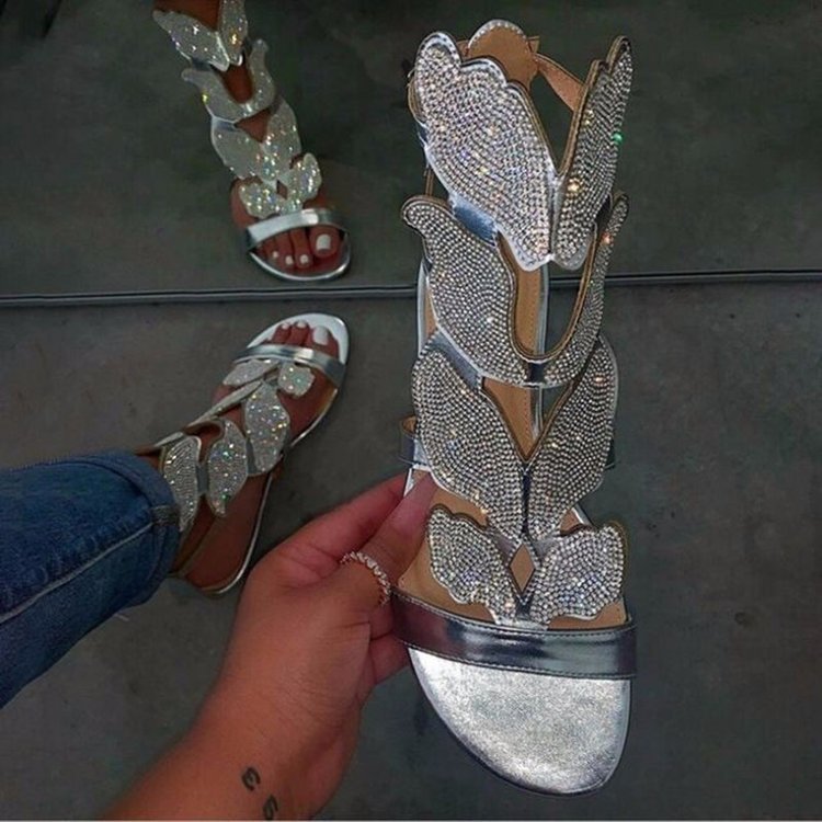 Designer 2022 summer fasion hollow out trendy pu butterfly Silver Diamond sandalia flat sandals women's rhinestone ladies sandal