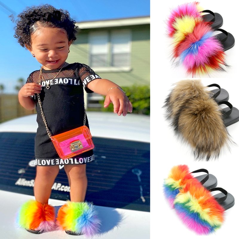Wholesale Little Girl Faux Fox Fluffy Children Slipper Sandals Racoon Footwear Toddler Baby Kids Fur Slides For Kids With Strap