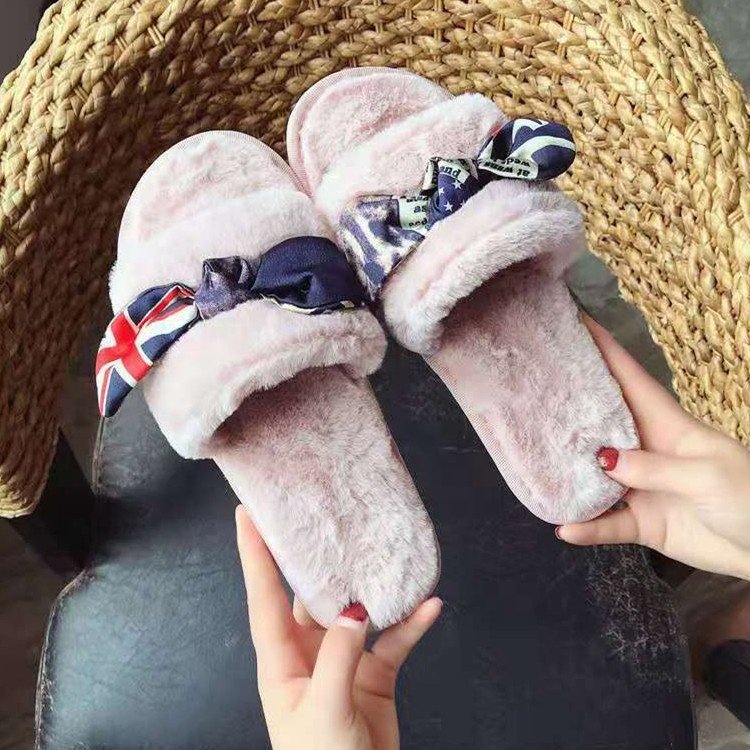 2019 new style custom logo slide sandals bowknot fur slippers apricot colour Plush Flat Sandals Indoor Slide Slippers
