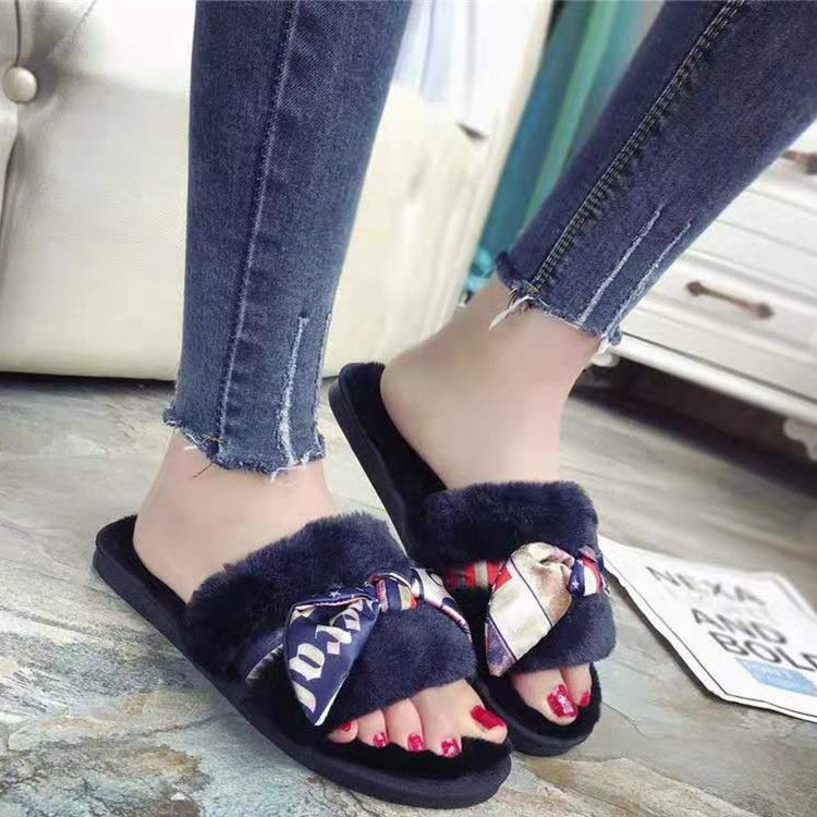 2019 new style custom logo slide sandals bowknot fur slippers apricot colour Plush Flat Sandals Indoor Slide Slippers