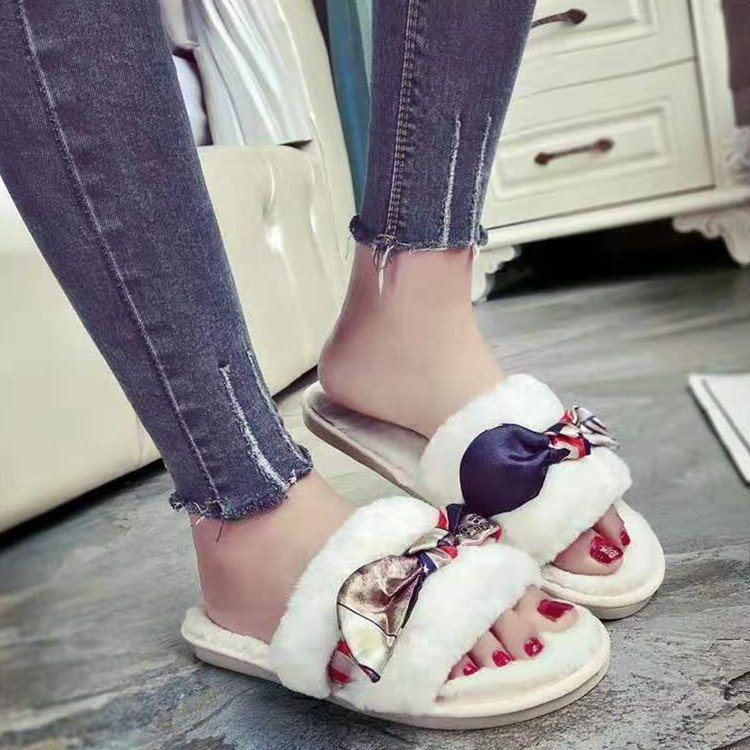 2019 new style custom logo slide sandals bowknot fur slippers apricot colour Plush Flat Sandals Indoor Slide Slippers