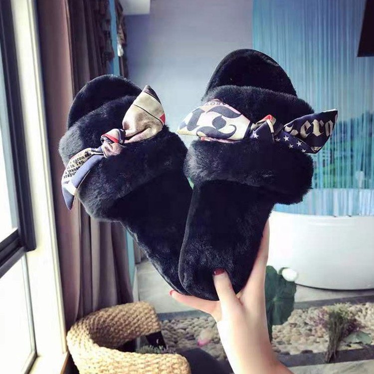 2019 new style custom logo slide sandals bowknot fur slippers apricot colour Plush Flat Sandals Indoor Slide Slippers