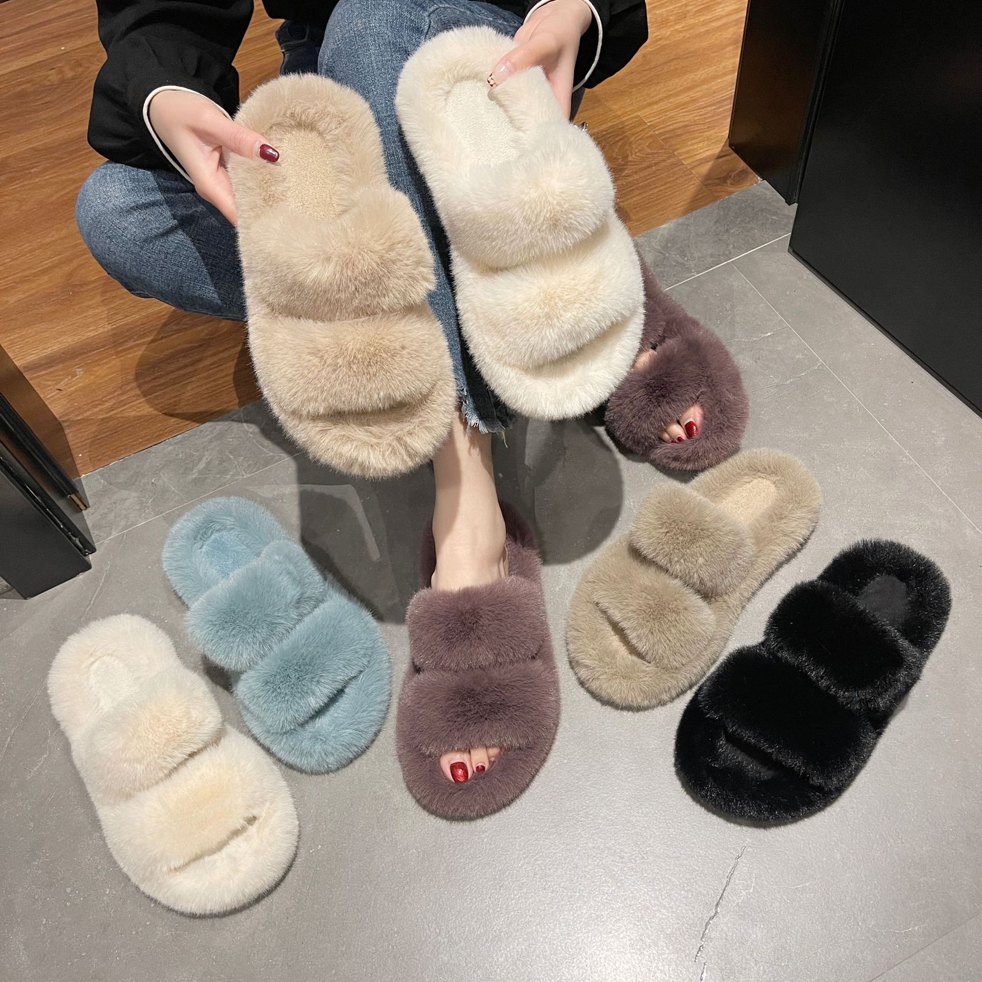 Women Open Toe Soft Sweet Home Slippers Indoor Fur Warm Winter Flat Home Furry Shoes