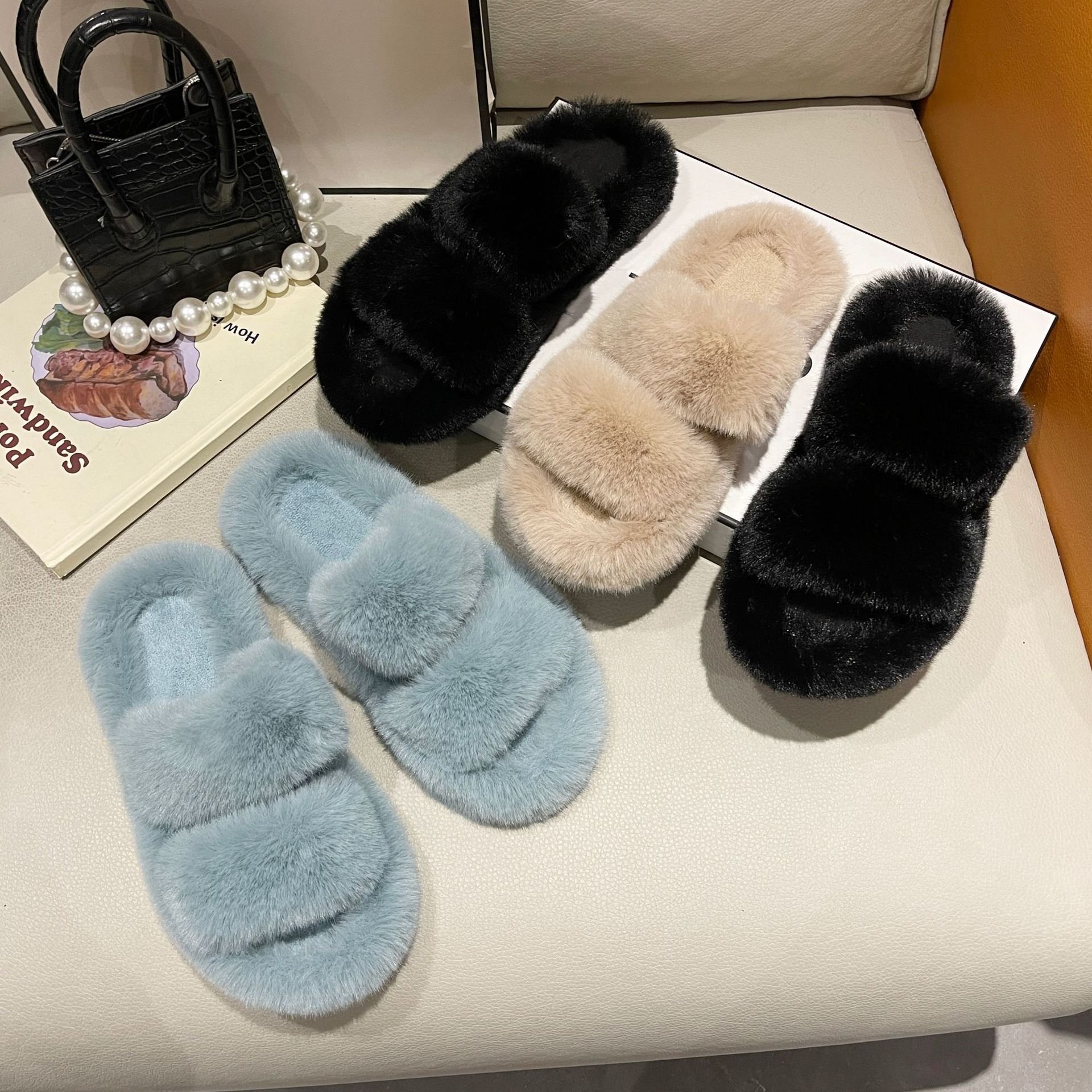 Women Open Toe Soft Sweet Home Slippers Indoor Fur Warm Winter Flat Home Furry Shoes
