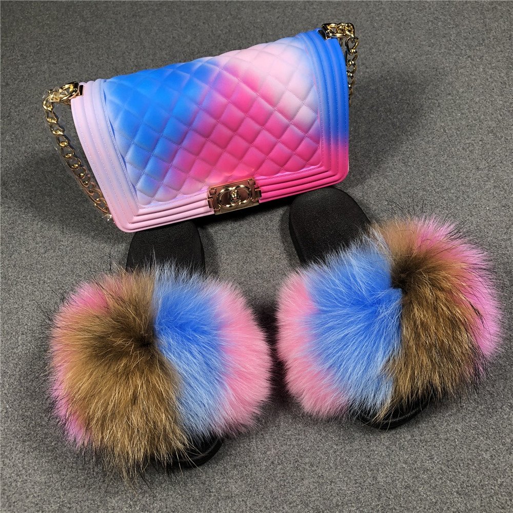 Custom logo fur shoes real fox fur slides women fashion slippers jelly bag fanny pack fur slides with purse set