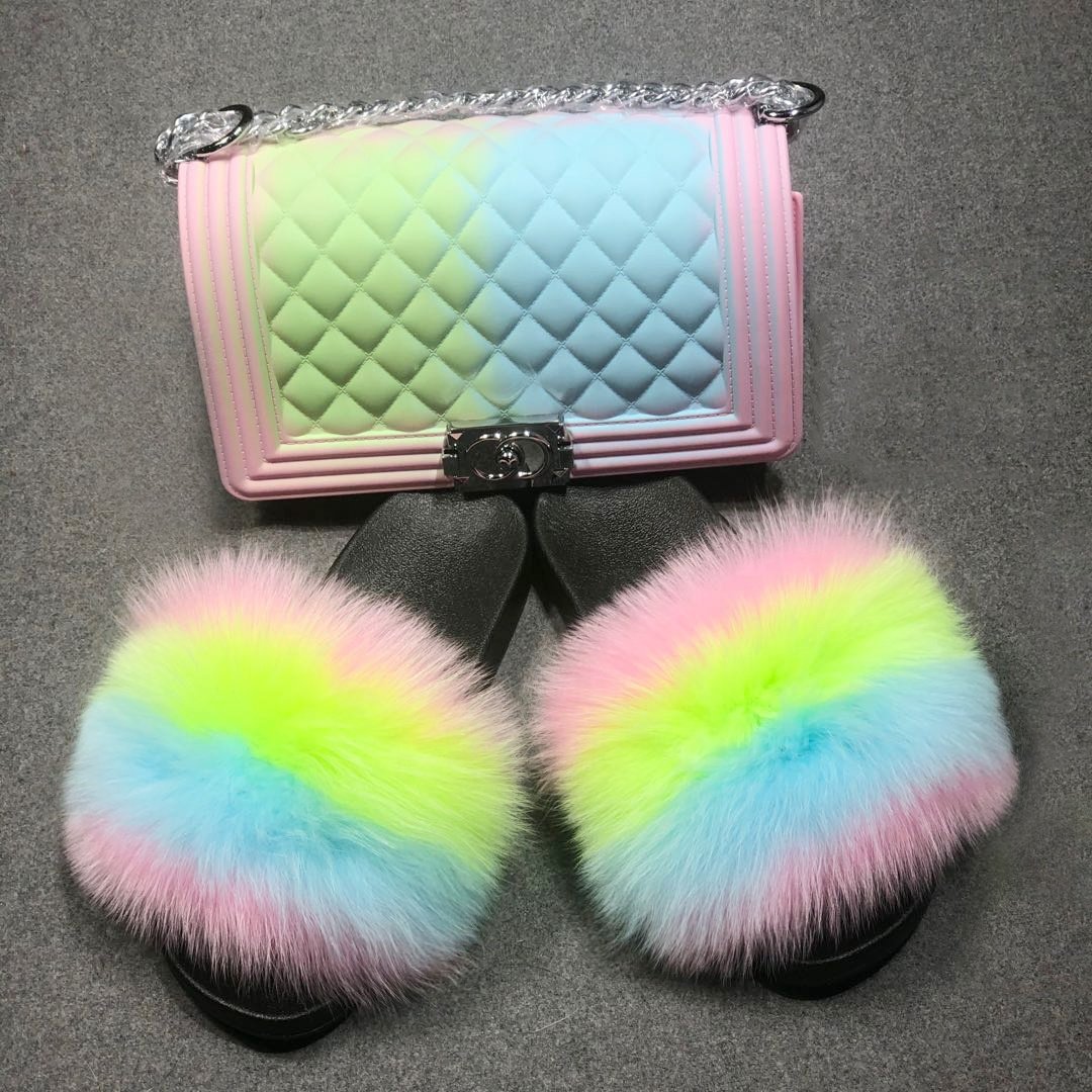Custom logo fur shoes real fox fur slides women fashion slippers jelly bag fanny pack fur slides with purse set