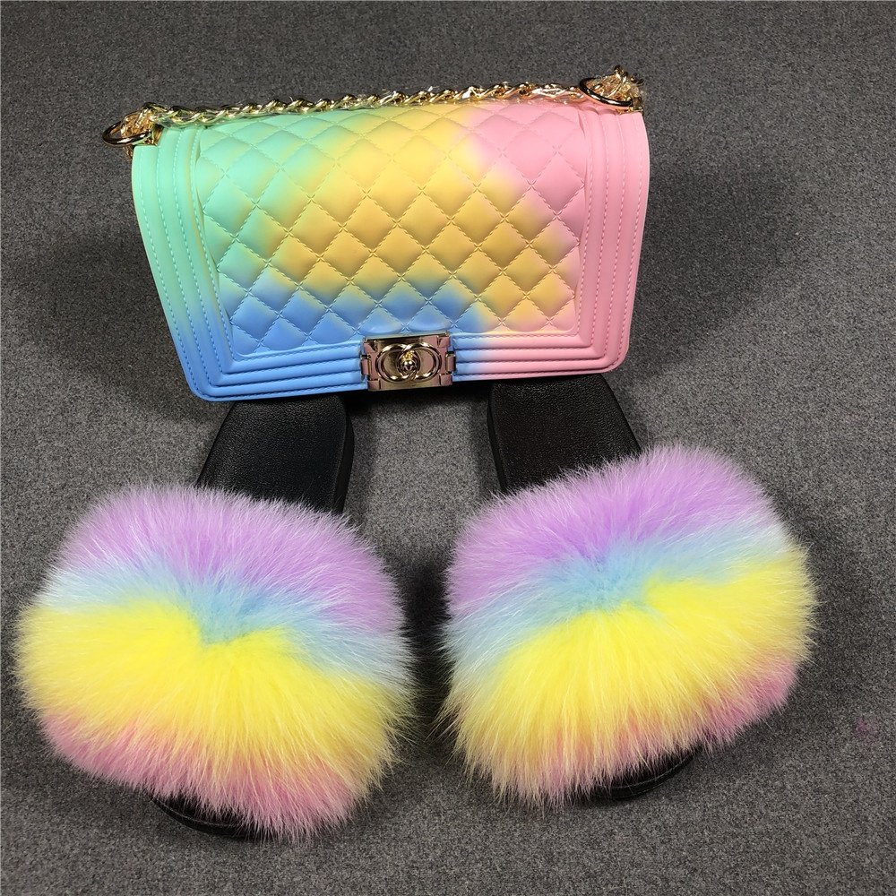 Custom logo fur shoes real fox fur slides women fashion slippers jelly bag fanny pack fur slides with purse set