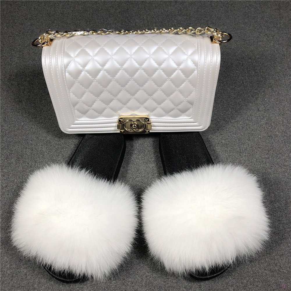 Custom logo fur shoes real fox fur slides women fashion slippers jelly bag fanny pack fur slides with purse set