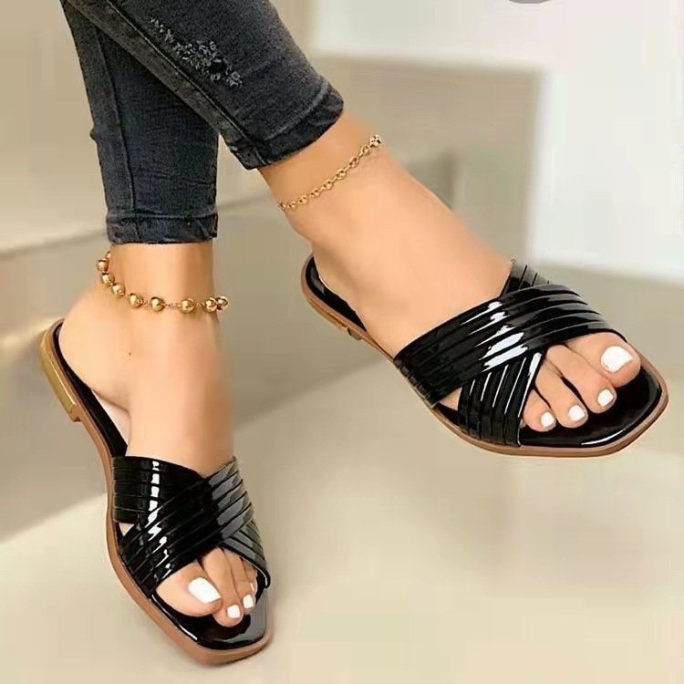 Metallic Feel Thin Strips Gladiator Beach Flat Sandals Flip Flops Women's Slippers Sandalias De Mujersummer Slippers For Women