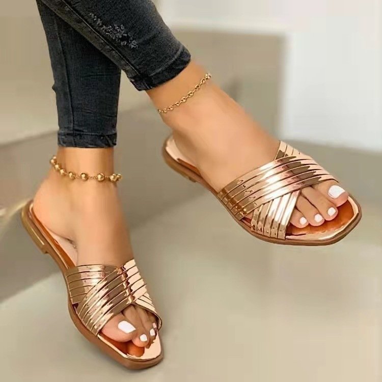 Metallic Feel Thin Strips Gladiator Beach Flat Sandals Flip Flops Women's Slippers Sandalias De Mujersummer Slippers For Women