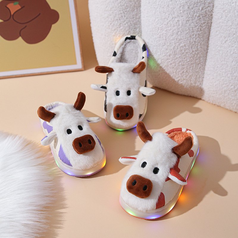 LED Light Halloween Christmas Cute Cartoon Animal Milk Cow Slippers for Women Plush Fuzzy Slides Slippers Winter Home Slippers