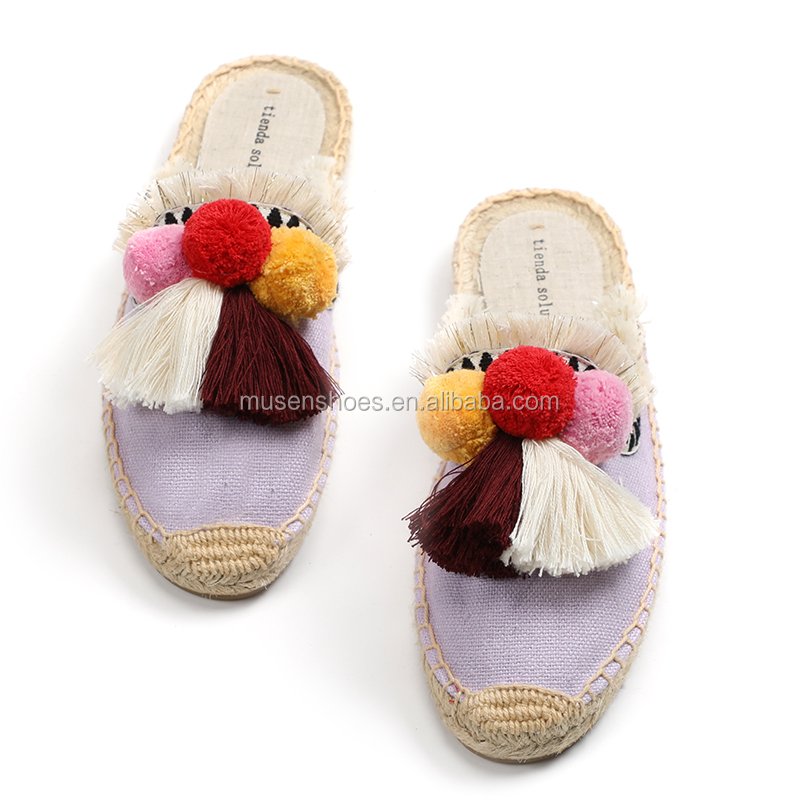 Women's Mule Flat Shoes with Tassel Pompom Floral Espadrilles Slides Backless Slipper CN Rubber Breathable for Beach Autumn Use