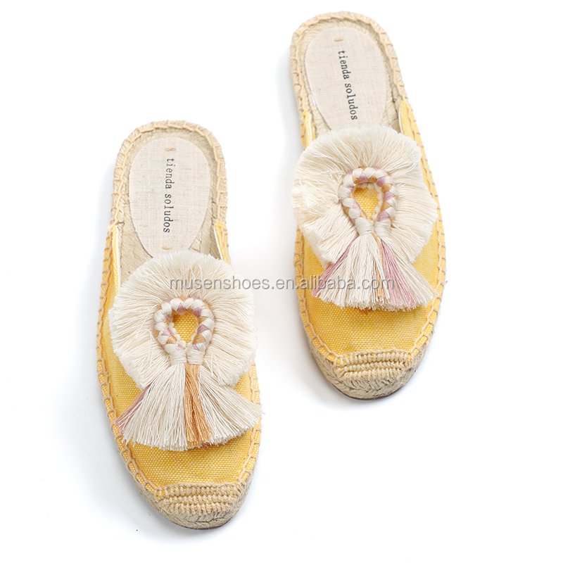 Women's Mule Flat Shoes with Tassel Pompom Floral Espadrilles Slides Backless Slipper CN Rubber Breathable for Beach Autumn Use