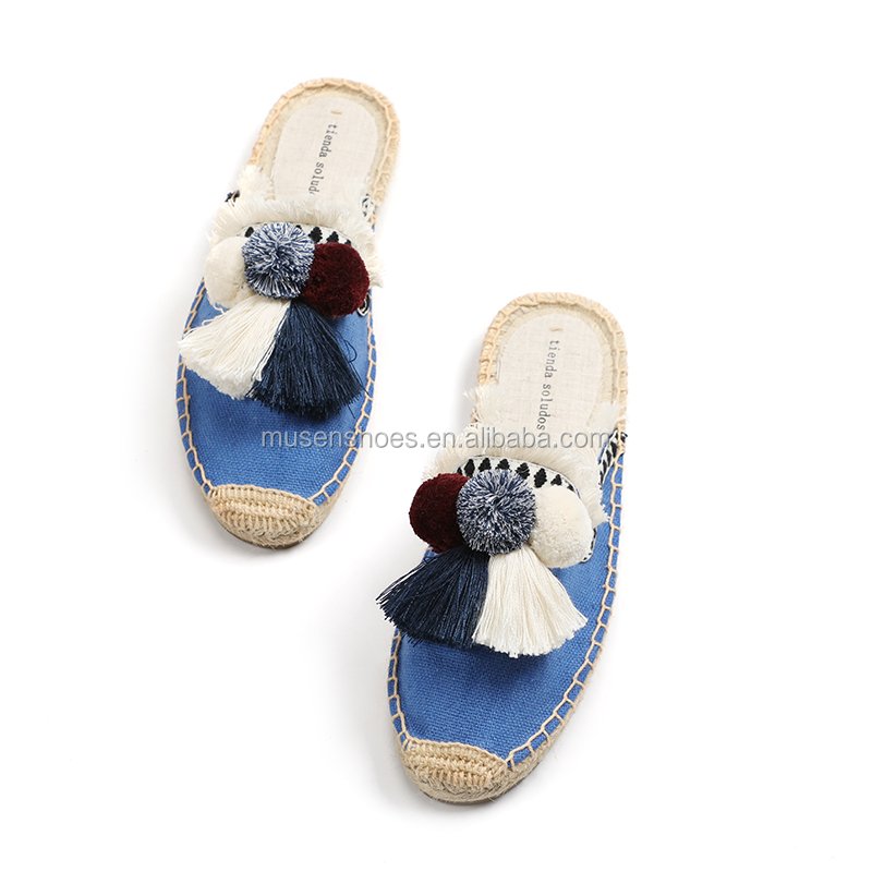 Women's Mule Flat Shoes with Tassel Pompom Floral Espadrilles Slides Backless Slipper CN Rubber Breathable for Beach Autumn Use