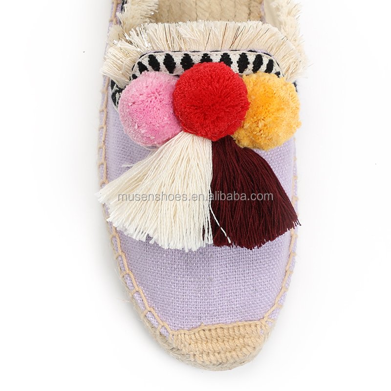 Women's Mule Flat Shoes with Tassel Pompom Floral Espadrilles Slides Backless Slipper CN Rubber Breathable for Beach Autumn Use
