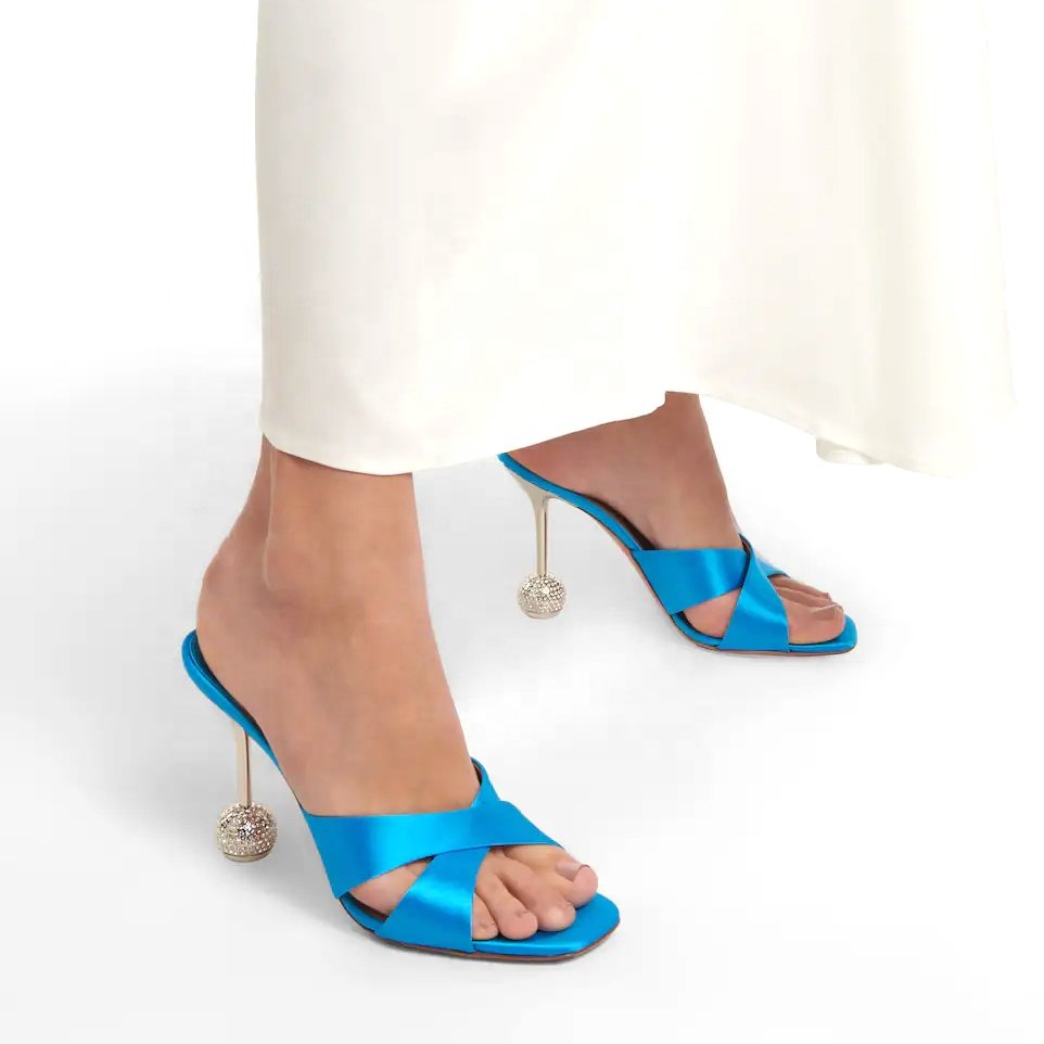 slides slippers ladies sandals square open toe silk satin fabric heels sandals mules women slippers sandals