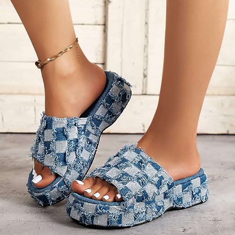 Women's Denim Sandals Platform Slides Casual Summer Slippers