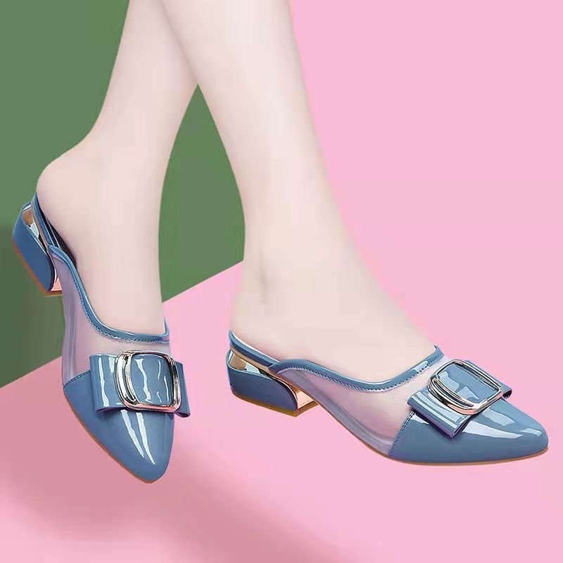 patent leather Half slipper toe shoes slides comfort outdoor lady slippers summer flat sandals shoes wholesale