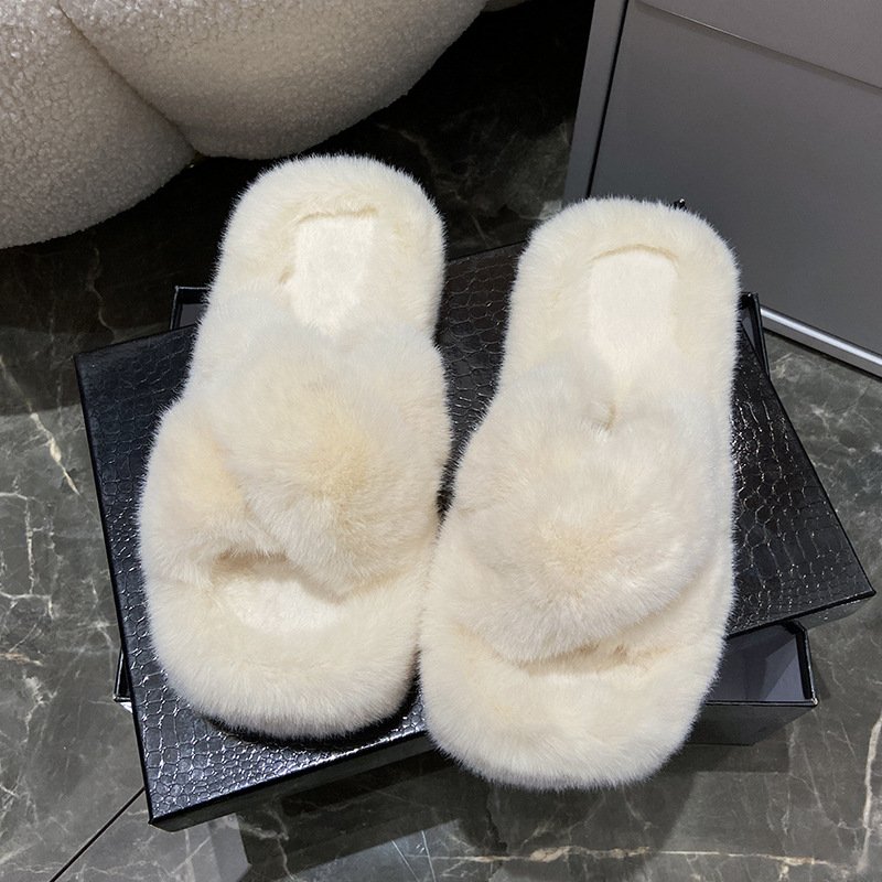 Womens Sliders Plush Flat Sandals Fuzzy Open Toe Skid Ladies Fur Slide Slippers House Shoes