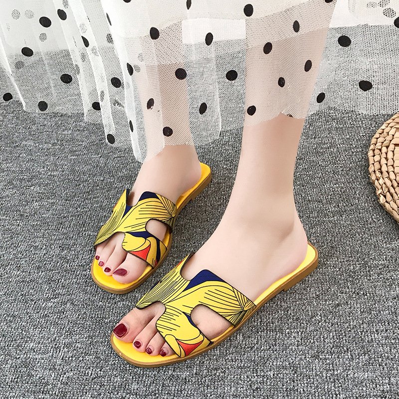 2021 summer new style outer wear color-printed flat-bottomed slippers women's flat-heeled H-shaped slide slippers