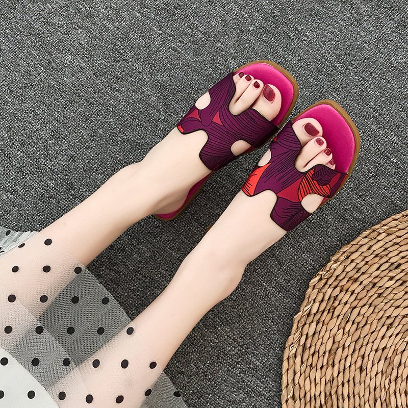2021 summer new style outer wear color-printed flat-bottomed slippers women's flat-heeled H-shaped slide slippers