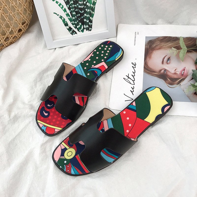 2021 summer new style outer wear color-printed flat-bottomed slippers women's flat-heeled H-shaped slide slippers