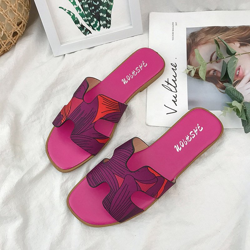 2021 summer new style outer wear color-printed flat-bottomed slippers women's flat-heeled H-shaped slide slippers