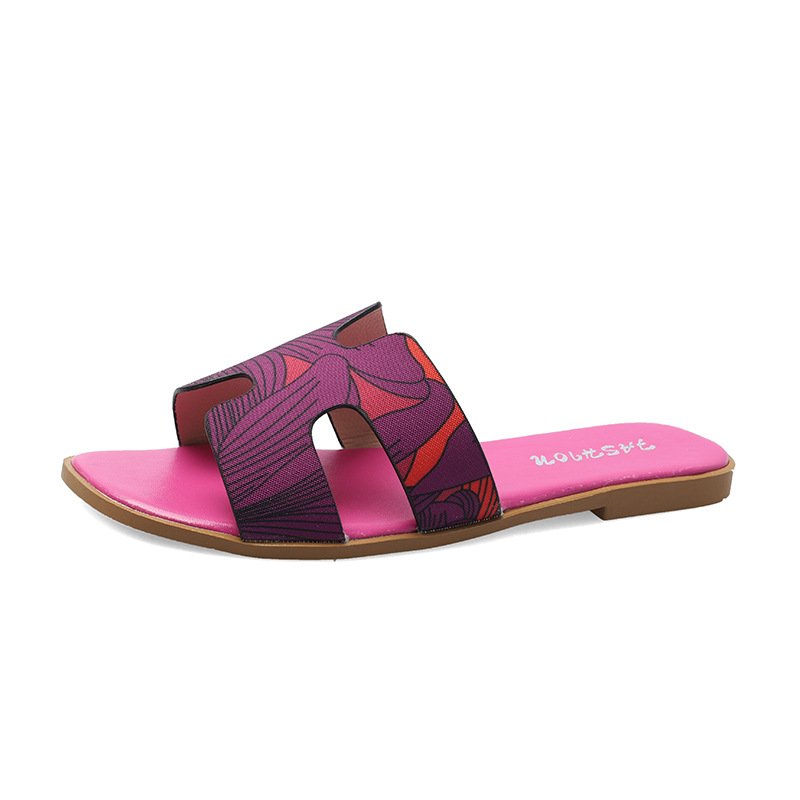 2021 summer new style outer wear color-printed flat-bottomed slippers women's flat-heeled H-shaped slide slippers