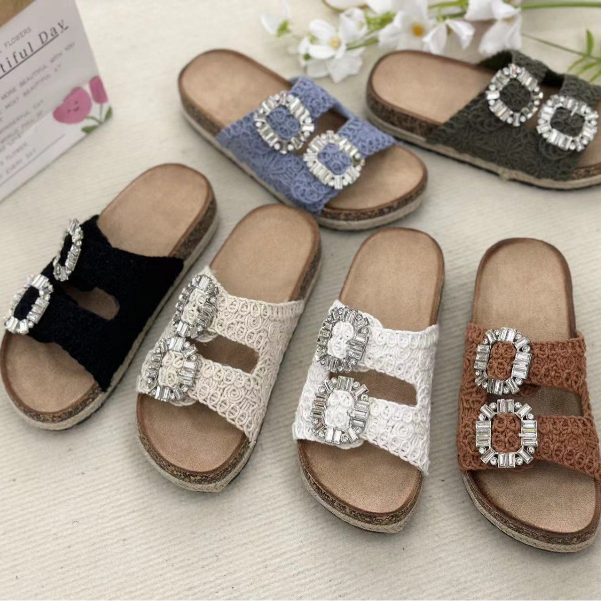 Big Diamond womens beach platform hemp double buckle holiday cork shoes soles sandals rope slide slippers