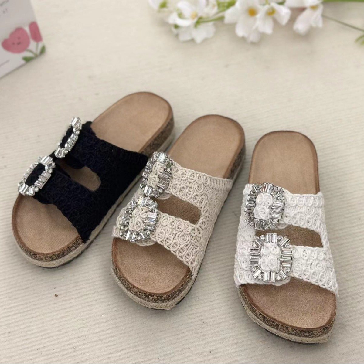 Big Diamond womens beach platform hemp double buckle holiday cork shoes soles sandals rope slide slippers