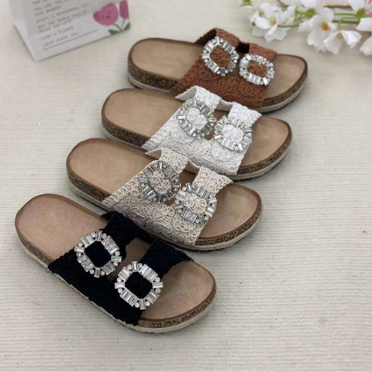 Big Diamond womens beach platform hemp double buckle holiday cork shoes soles sandals rope slide slippers