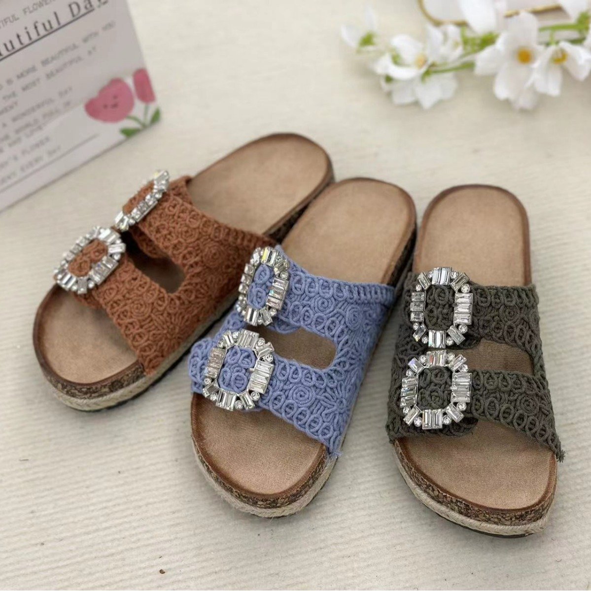 Big Diamond womens beach platform hemp double buckle holiday cork shoes soles sandals rope slide slippers