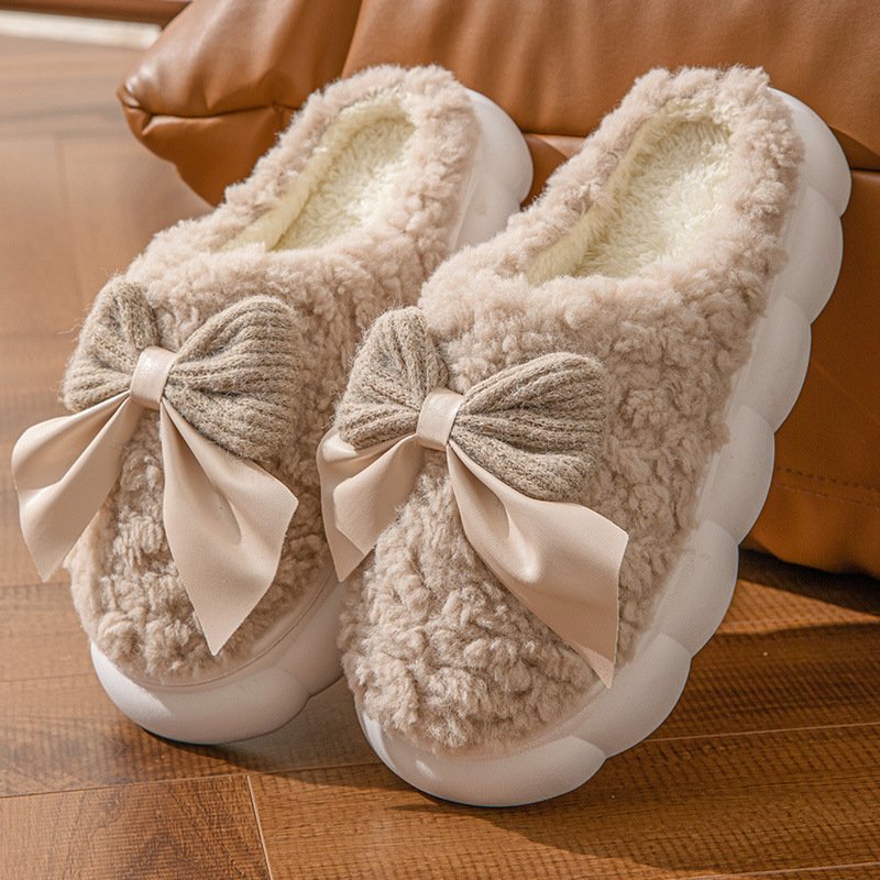 winter women's ladies home slippers bow faux suede faux fur warm luxury soft comfortable slides slippers