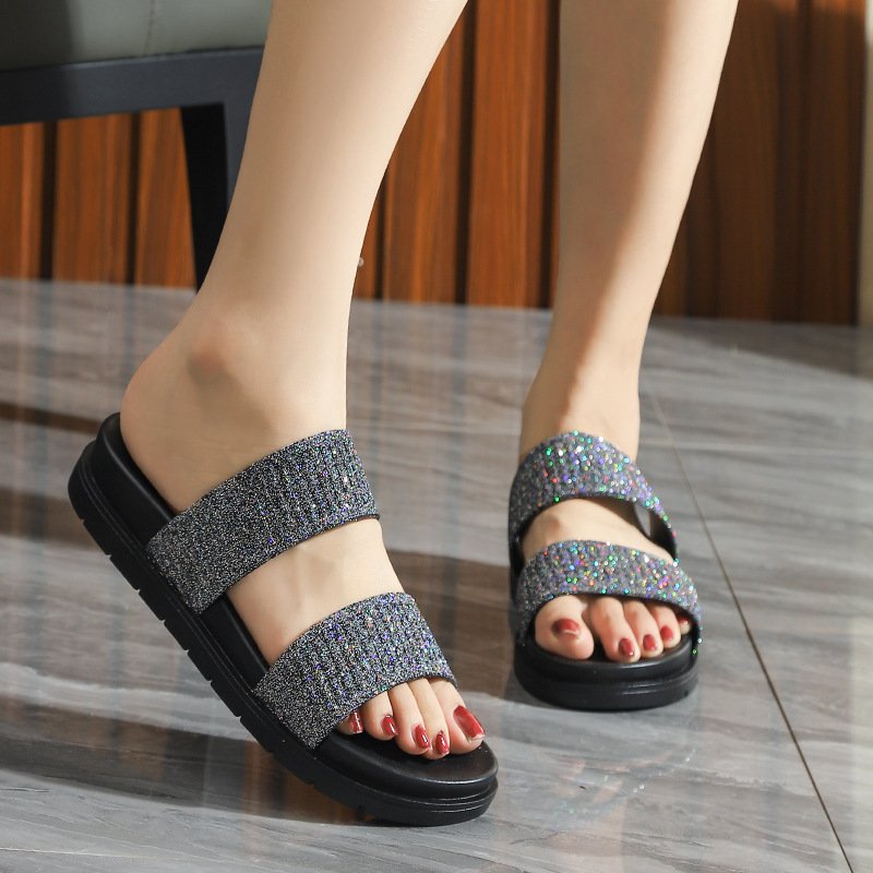 Wholesale Lightweight Anti-slip Slides Slippers Soft Sole Ladies Slippers Shiny Double Band Thick Sole Sandals For Women