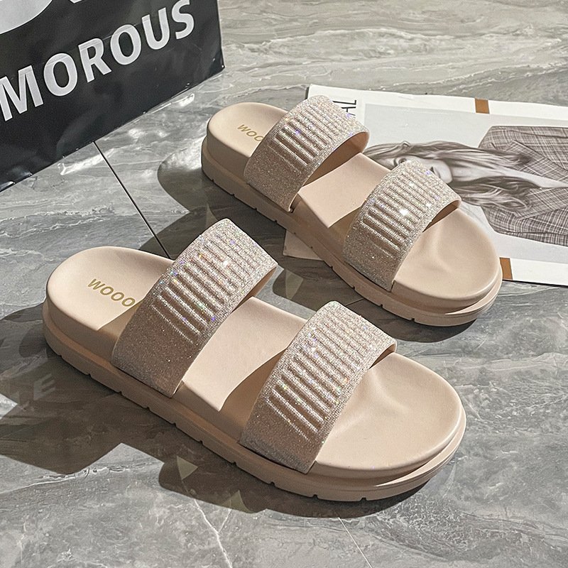 Wholesale Lightweight Anti-slip Slides Slippers Soft Sole Ladies Slippers Shiny Double Band Thick Sole Sandals For Women