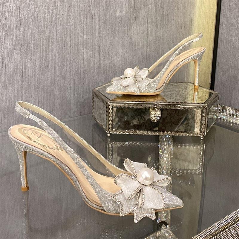 Fashionable Luxury Champagne Bow Rhinestone Pointed High Heels Bridal Shoes With Thin Heels Soft And Comfortable