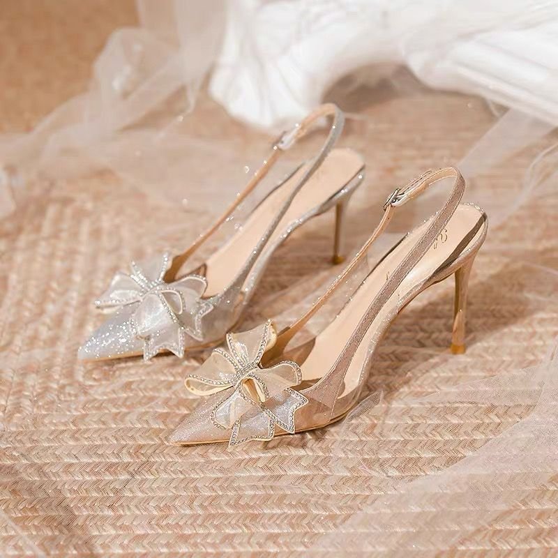 Fashionable Luxury Champagne Bow Rhinestone Pointed High Heels Bridal Shoes With Thin Heels Soft And Comfortable