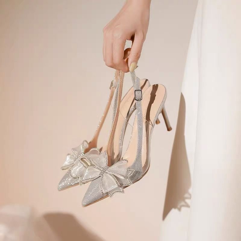 Fashionable Luxury Champagne Bow Rhinestone Pointed High Heels Bridal Shoes With Thin Heels Soft And Comfortable