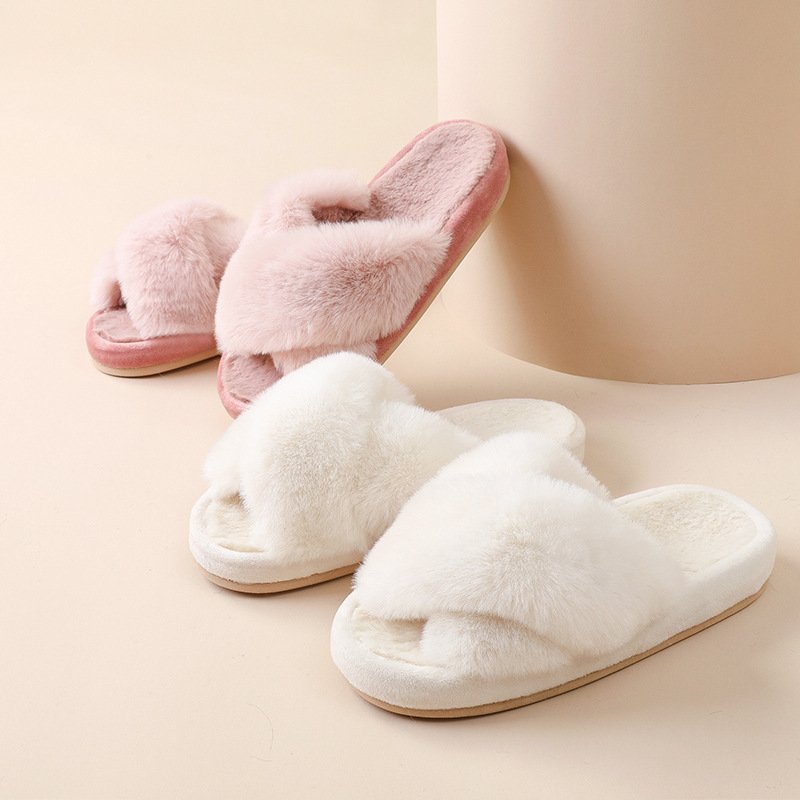 Custom Fuzzy Furry Slippers Fur Flip Flop Open Toe Slippers Cross Band Shoes Slides for Ladies House Home Indoor Outdoor