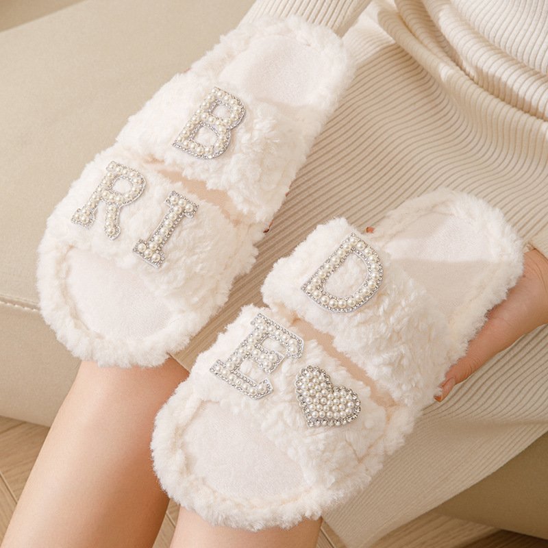 Wedding Slippers Women's Bride slipper Bridesmaid Slides Faux Rabbit Fur Non-slip Sole Wedding Gift Open-toes Slides Slipper
