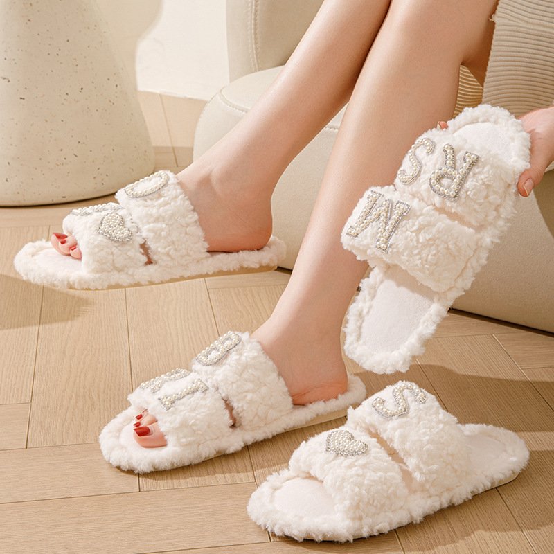 Wedding Slippers Women's Bride slipper Bridesmaid Slides Faux Rabbit Fur Non-slip Sole Wedding Gift Open-toes Slides Slipper