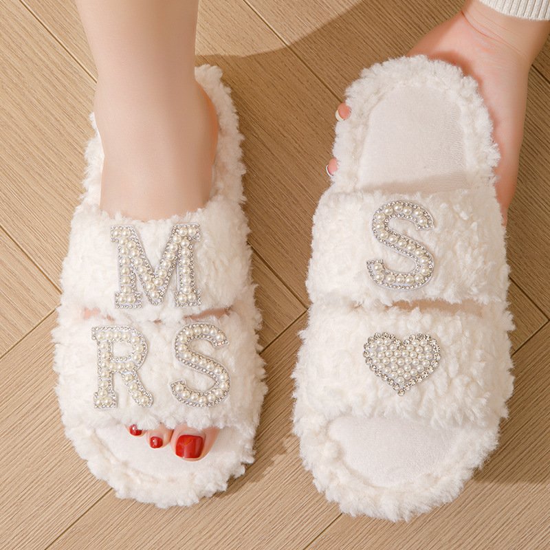 Wedding Slippers Women's Bride slipper Bridesmaid Slides Faux Rabbit Fur Non-slip Sole Wedding Gift Open-toes Slides Slipper