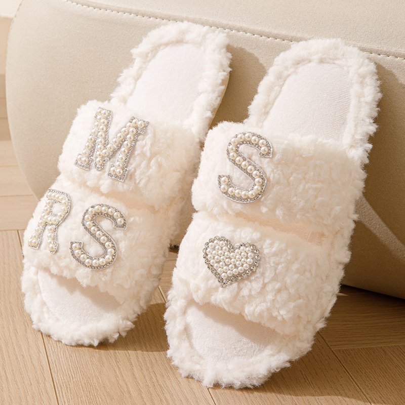 Wedding Slippers Women's Bride slipper Bridesmaid Slides Faux Rabbit Fur Non-slip Sole Wedding Gift Open-toes Slides Slipper