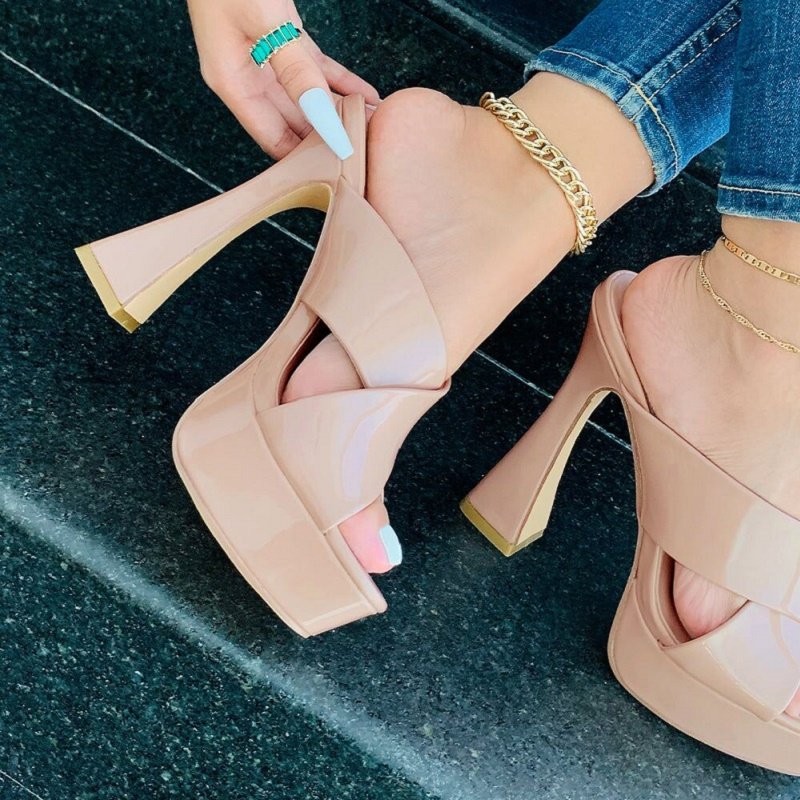 2023 Patent Leather Platform Ladies Sandals Cross Strap Thick Block Slides Mule Pumps Heels Women Slippers
