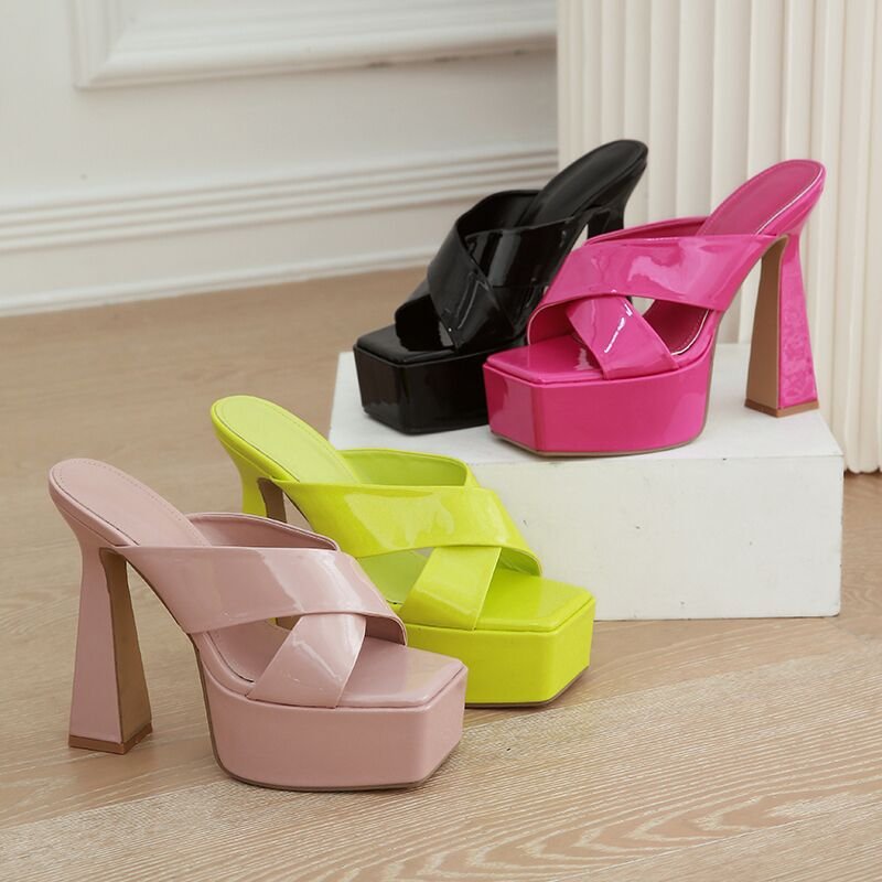 2023 Patent Leather Platform Ladies Sandals Cross Strap Thick Block Slides Mule Pumps Heels Women Slippers