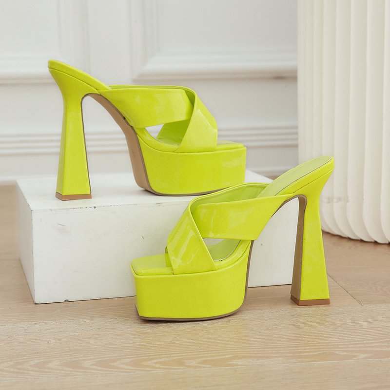 2023 Patent Leather Platform Ladies Sandals Cross Strap Thick Block Slides Mule Pumps Heels Women Slippers