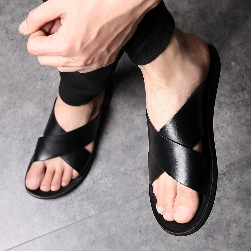 Wholesale Custom Man Black Suede Sandal Shoes Mens Beach Fashion Casual outdoor Leather Slides Slipper