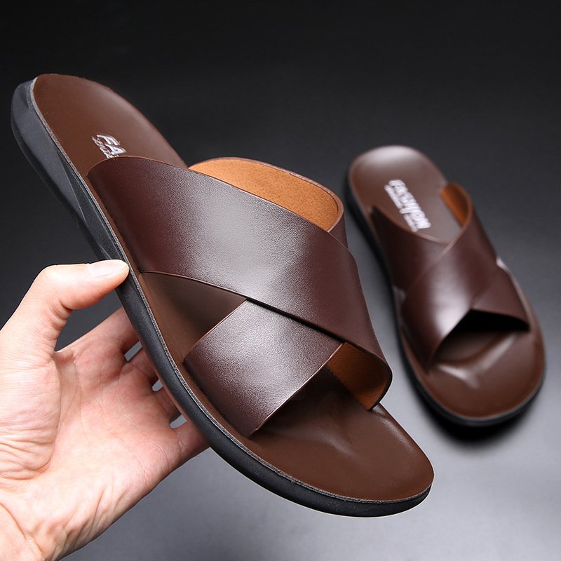 Wholesale Custom Man Black Suede Sandal Shoes Mens Beach Fashion Casual outdoor Leather Slides Slipper