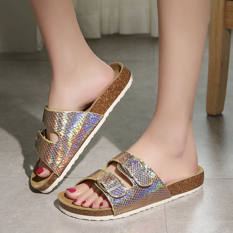 Sandals for women and ladies 2023 New Summer Trend Shiny Women's Double Button One Word Drag Cork slides Slipper Sandals