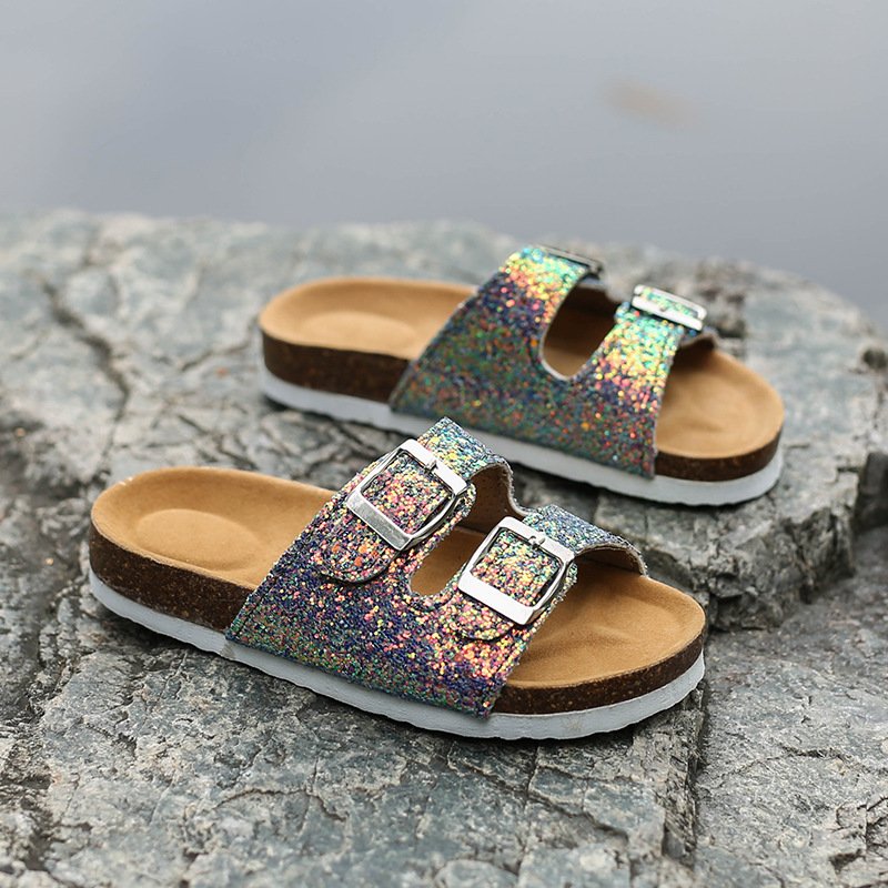 Sandals for women and ladies 2023 New Summer Trend Shiny Women's Double Button One Word Drag Cork slides Slipper Sandals